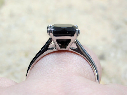 Black Spinel Engagement Ring,Cushion Cut, Solitaire, 2 Double prong, Phoebe, 3ct, 8mm BellaMoreDesign.com