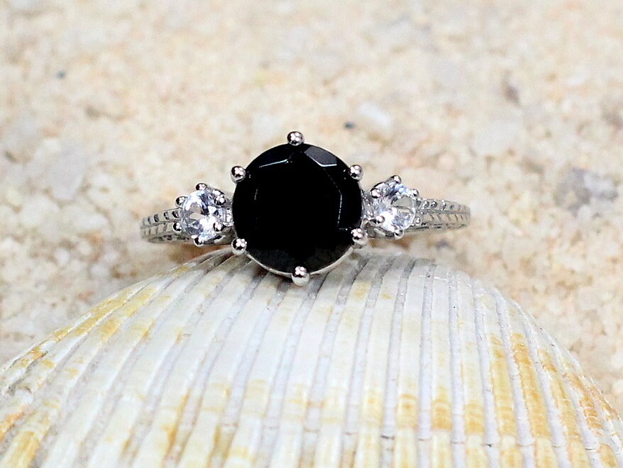 Black Spinel Engagement Ring Kratos White Sapphire 3 Gem Stone Custom Size White-Yellow-Rose Gold-10k-14k-18k-Platinum BellaMoreDesign.com