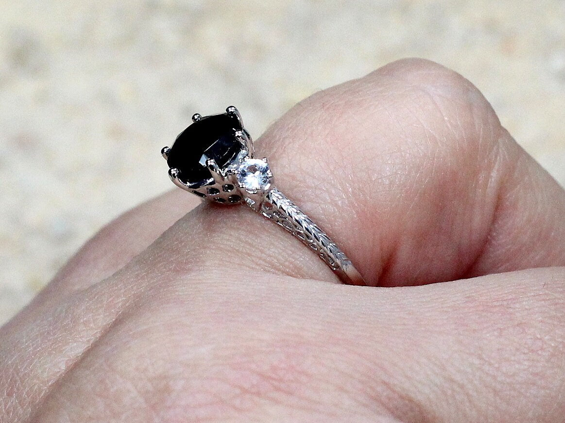 Black Spinel Engagement Ring Kratos White Sapphire 3 Gem Stone Custom Size White-Yellow-Rose Gold-10k-14k-18k-Platinum BellaMoreDesign.com