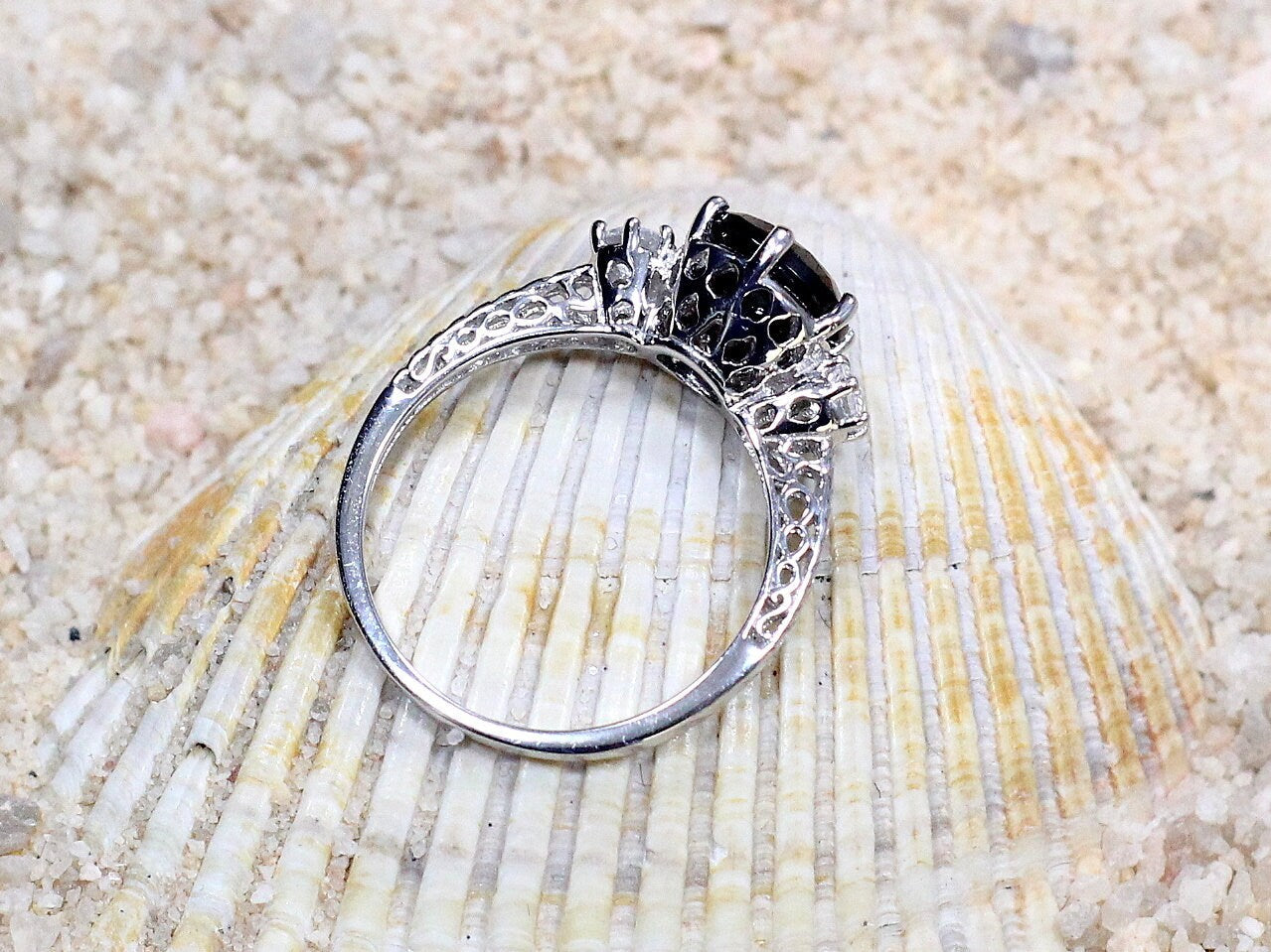 Black Spinel Engagement Ring Kratos White Sapphire 3 Gem Stone Custom Size White-Yellow-Rose Gold-10k-14k-18k-Platinum BellaMoreDesign.com