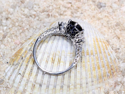 Black Spinel Engagement Ring Kratos White Sapphire 3 Gem Stone Custom Size White-Yellow-Rose Gold-10k-14k-18k-Platinum BellaMoreDesign.com