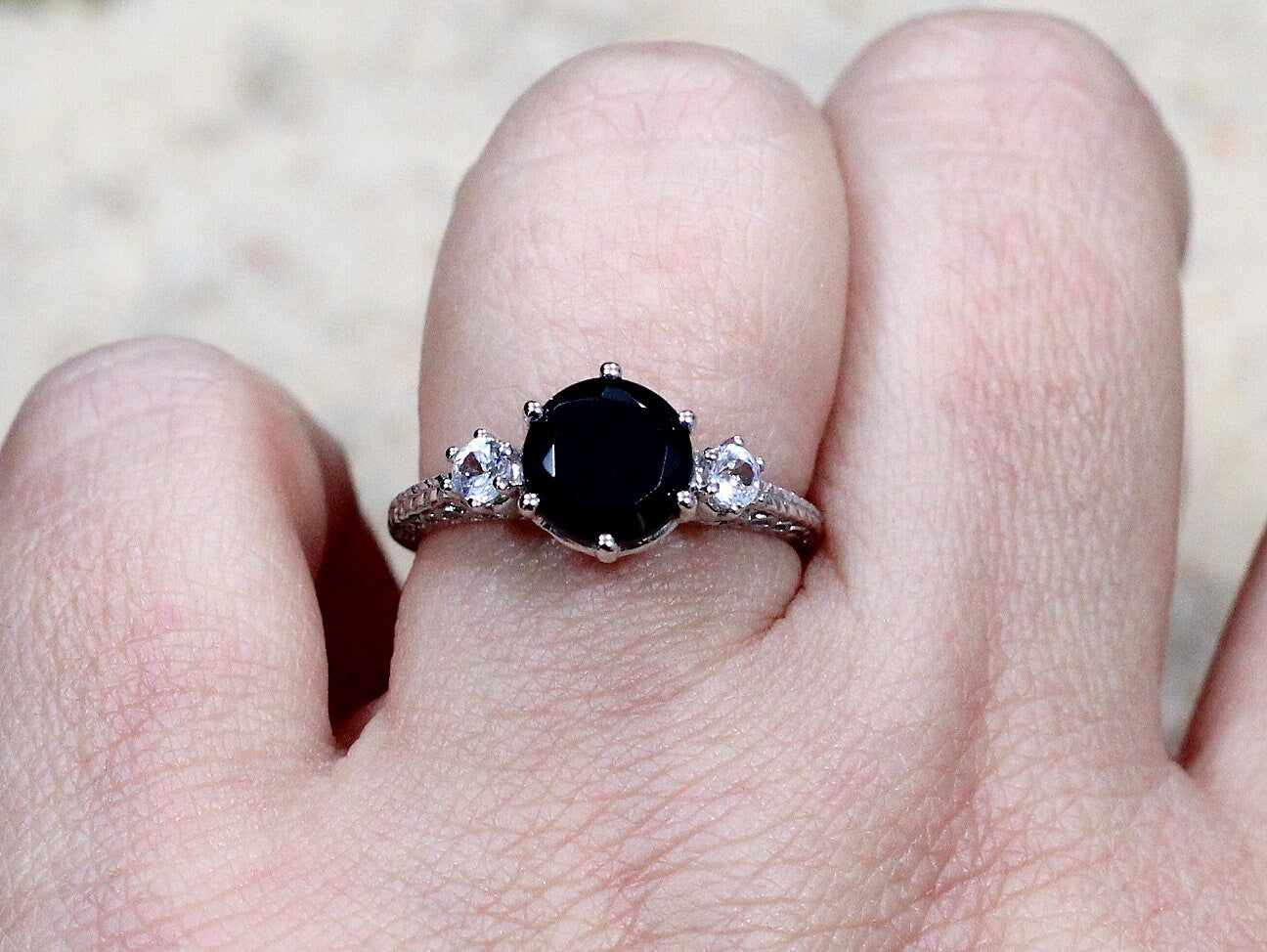 Black Spinel Engagement Ring Kratos White Sapphire 3 Gem Stone Custom Size White-Yellow-Rose Gold-10k-14k-18k-Platinum BellaMoreDesign.com