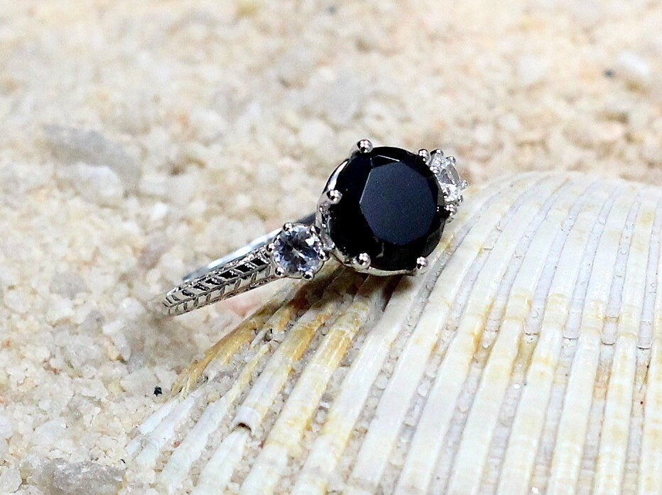 Black Spinel Engagement Ring Kratos White Sapphire 3 Gem Stone Custom Size White-Yellow-Rose Gold-10k-14k-18k-Platinum BellaMoreDesign.com