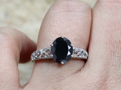 Black Spinel Engagement Ring, Pink Sapphire, Oval, Antique, Filigree, Milgrain, Polymnia, 3ct 9x7mm BellaMoreDesign.com