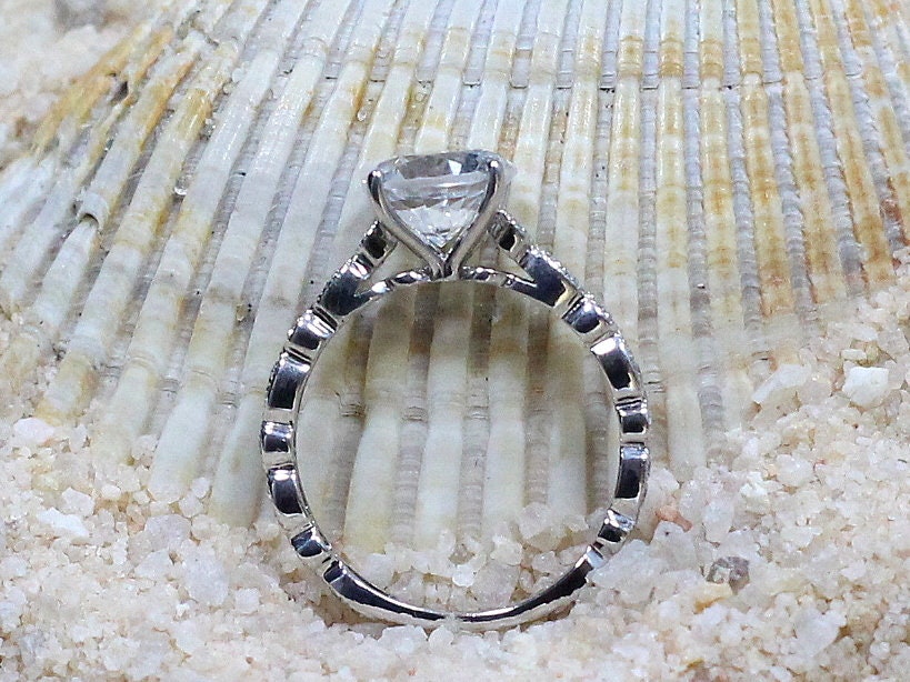 Blue Sapphire & Diamonds Engagement Ring Almost Eternity Bezel Leaf Round cut Aeolus 2ct 8mm Custom White-Yellow-Rose Gold-10k-14k-18k-Plat BellaMoreDesign.com