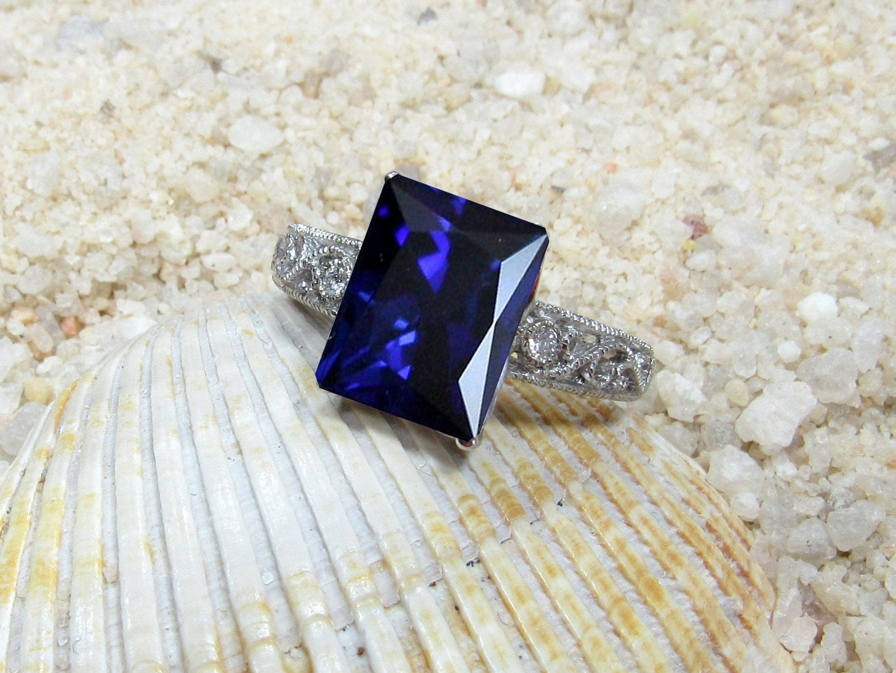 Blue Sapphire & Diamonds Engagement Ring, Diamond Shank, Vintage Ring, Filigree Ring, Milgrain Ring, Polymnia, 4ct, 10x8mm, Birthstone BellaMoreDesign.com