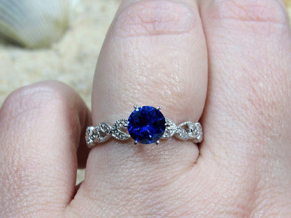 Blue Sapphire & Diamonds Engagement Ring Leaf Milgrain Beaded Edge Round Gaia 1ct 6mm Custom White-Yellow-Rose Gold-10k-14k-18k-Platinum BellaMoreDesign.com