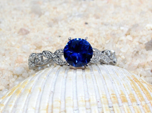 Blue Sapphire & Diamonds Engagement Ring Leaf Milgrain Beaded Edge Round Gaia 1ct 6mm Custom White-Yellow-Rose Gold-10k-14k-18k-Platinum BellaMoreDesign.com