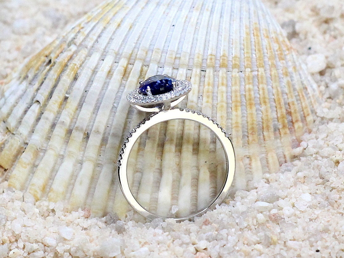 Blue Sapphire & Diamonds Engagement Ring Oval Double Halo Urania 2ct 8x6mm Custom Size White-Yellow-Rose Gold-10k-14k-18k-Platinum BellaMoreDesign.com