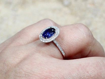 Blue Sapphire & Diamonds Engagement Ring Oval Double Halo Urania 2ct 8x6mm Custom Size White-Yellow-Rose Gold-10k-14k-18k-Platinum BellaMoreDesign.com