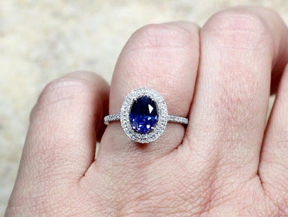 Blue Sapphire & Diamonds Engagement Ring Oval Double Halo Urania 2ct 8x6mm Custom Size White-Yellow-Rose Gold-10k-14k-18k-Platinum BellaMoreDesign.com