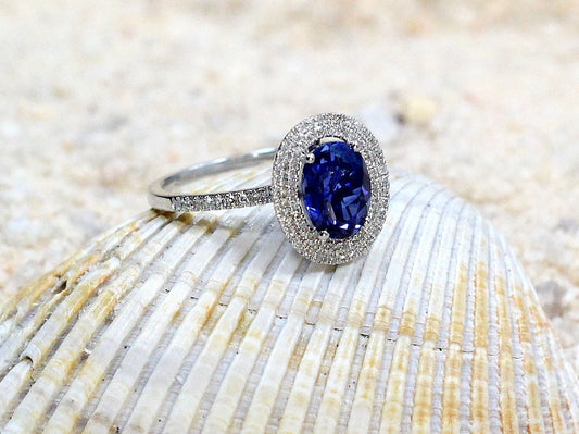 Blue Sapphire & Diamonds Engagement Ring Oval Double Halo Urania 2ct 8x6mm Custom Size White-Yellow-Rose Gold-10k-14k-18k-Platinum BellaMoreDesign.com