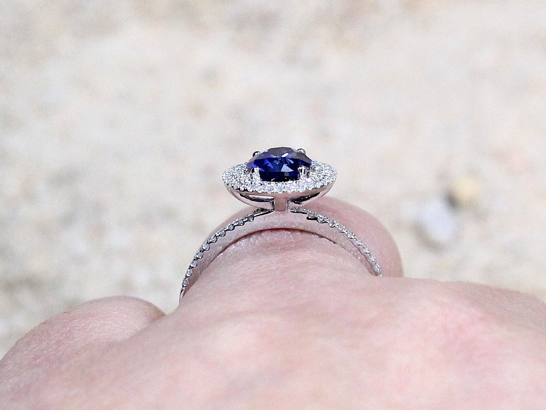 Blue Sapphire & Diamonds Engagement Ring Oval Double Halo Urania 2ct 8x6mm Custom Size White-Yellow-Rose Gold-10k-14k-18k-Platinum BellaMoreDesign.com