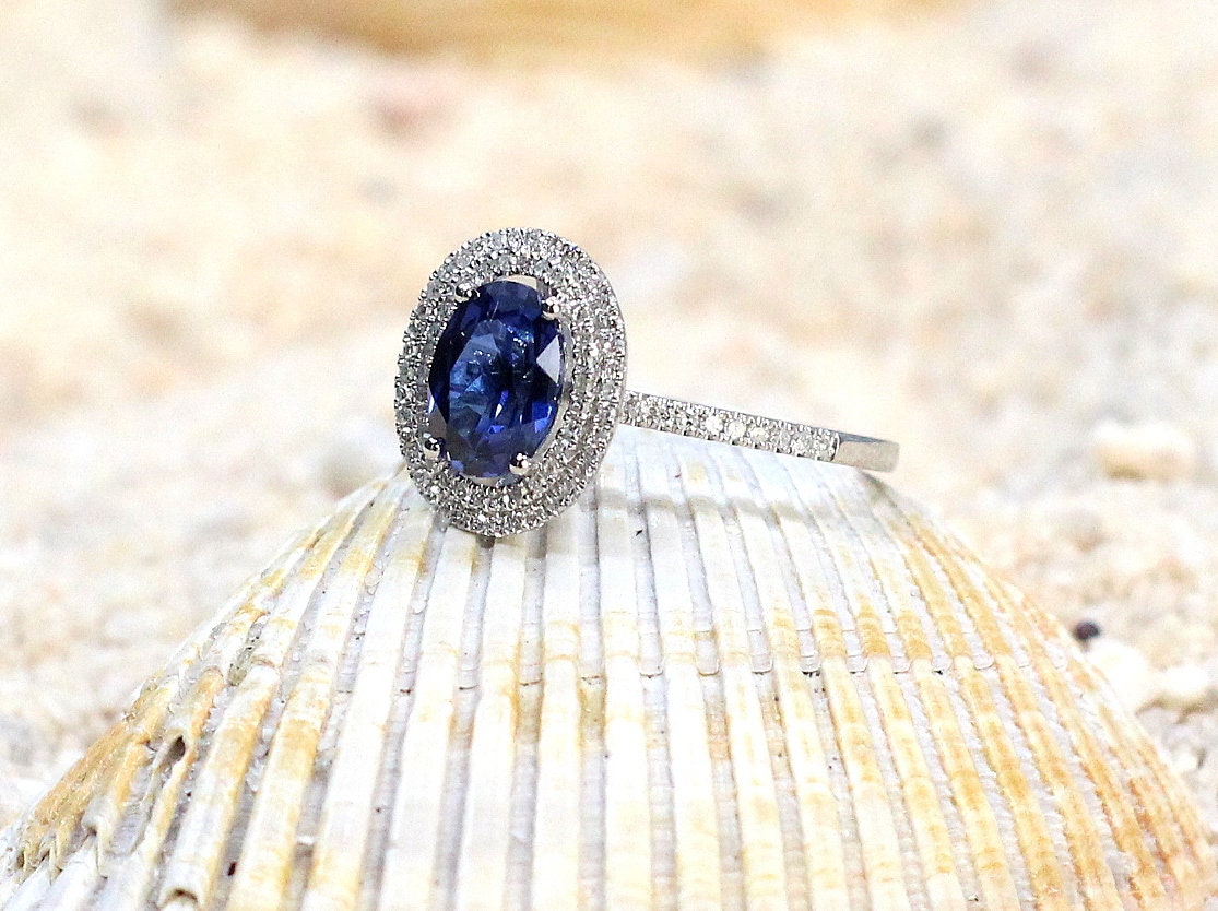 Blue Sapphire & Diamonds Engagement Ring Oval Double Halo Urania 2ct 8x6mm Custom Size White-Yellow-Rose Gold-10k-14k-18k-Platinum BellaMoreDesign.com