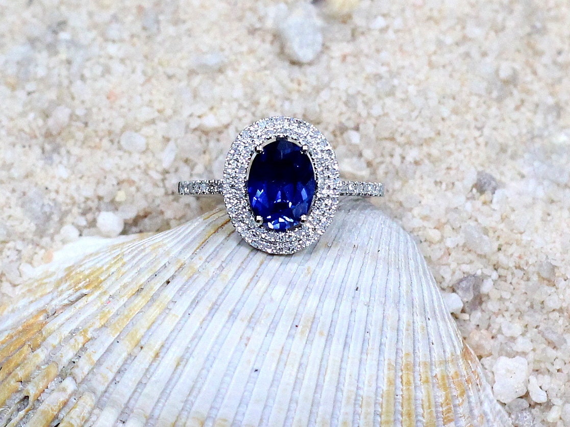 Blue Sapphire & Diamonds Engagement Ring Oval Double Halo Urania 2ct 8x6mm Custom Size White-Yellow-Rose Gold-10k-14k-18k-Platinum BellaMoreDesign.com