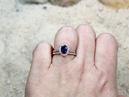 Blue Sapphire & Diamonds Engagement Ring Oval Halo wedding band Set Ovale Medio 1ct 7x5mm Custom White-Yellow-Rose Gold-10k-14k-18k-Platinum BellaMoreDesign.com