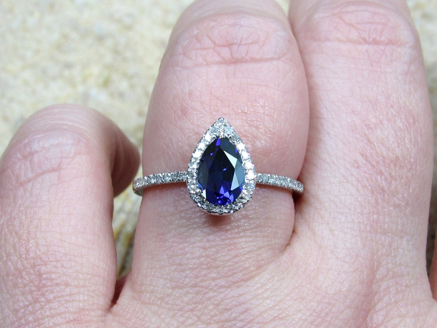 Blue Sapphire & Diamonds Engagement Ring  Pear Halo Goccia 1ct 7x5mm Custom White-Yellow-Rose Gold-10k-14k-18k-Platinum Diamonds Cathedral BellaMoreDesign.com