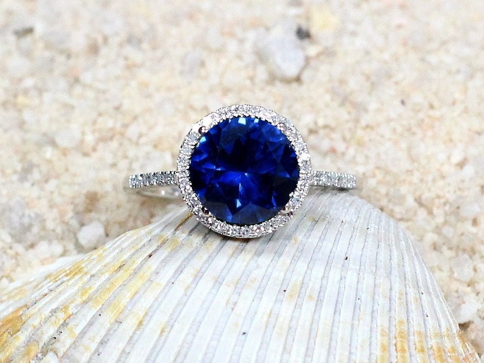 Blue Sapphire & Diamonds Engagement Ring Round Halo Pricus 3ct 9mm Custom Size Basket Large White-Yellow-Rose Gold-10k-14k-18k-Platinum BellaMoreDesign.com