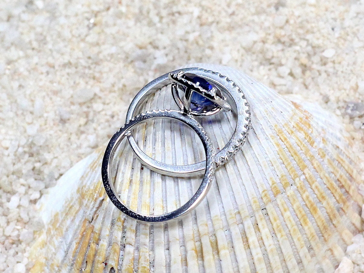 Blue Sapphire Diamonds Engagement Ring Set, Cushion Halo, Wedding Band Set, Cuscino, 3ct, 8mm, Bridal Set, Promise Ring, Gift For Her BellaMoreDesign.com