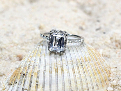 Blue Sapphire & Diamonds Halo Engagement Ring Emerald cut Ione 2ct 8x6mm Custom Size White-Yellow-Rose Gold-10k-14k-18k-Platinum BellaMoreDesign.com
