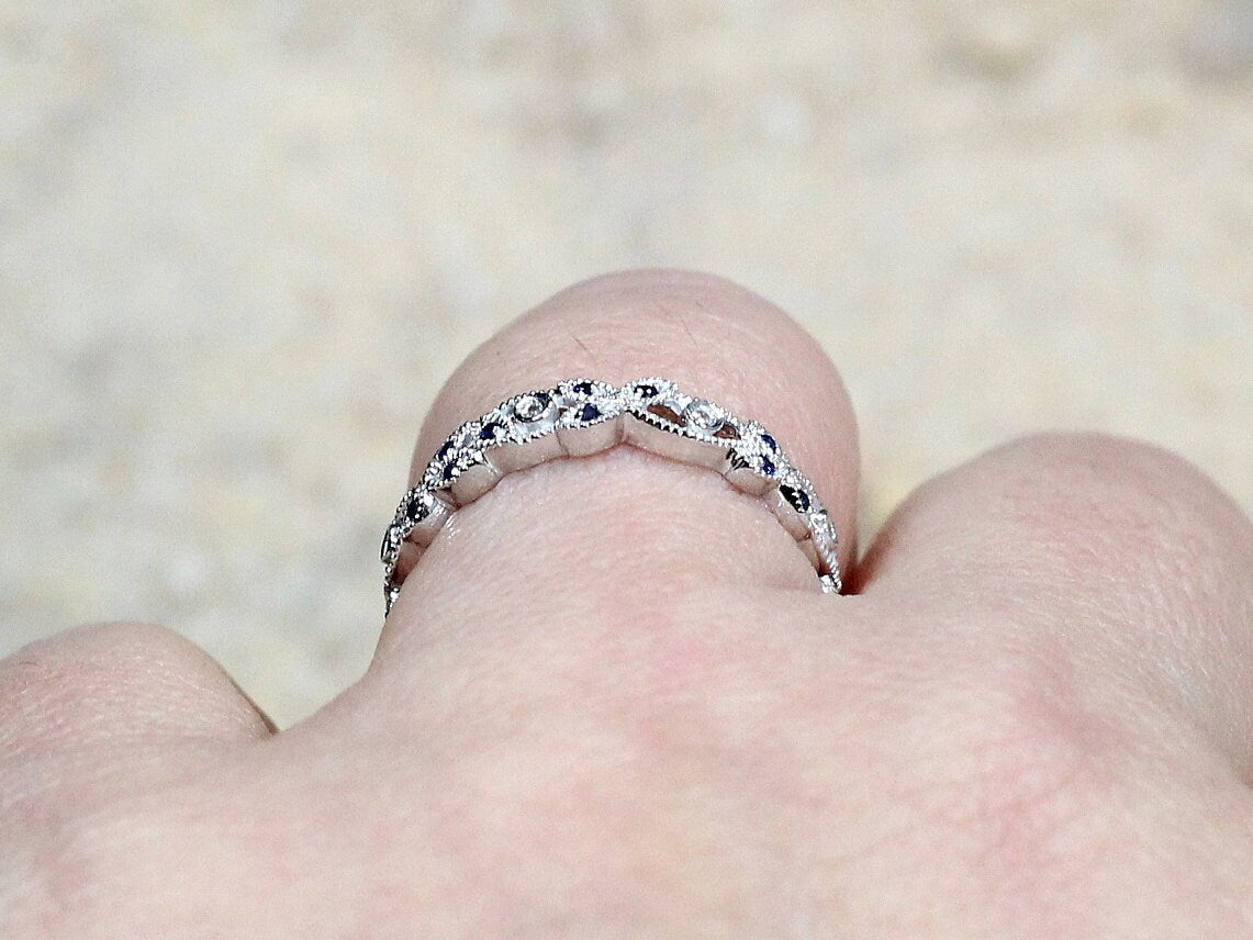 Blue Sapphire & Diamonds Leaf Wedding Band Milgrain Beading Edge Engagement Ring Gaia BellaMoreDesign.com