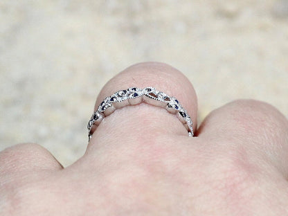 Blue Sapphire & Diamonds Leaf Wedding Band Milgrain Beading Edge Engagement Ring Gaia BellaMoreDesign.com