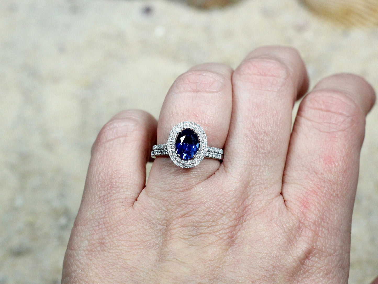 Blue Sapphire & Diamonds Oval Double Halo Engagement Ring Wedding Band set Urania 2ct 8x6mm Custom White-Yellow-Rose Gold-14k-18k-Platinum BellaMoreDesign.com