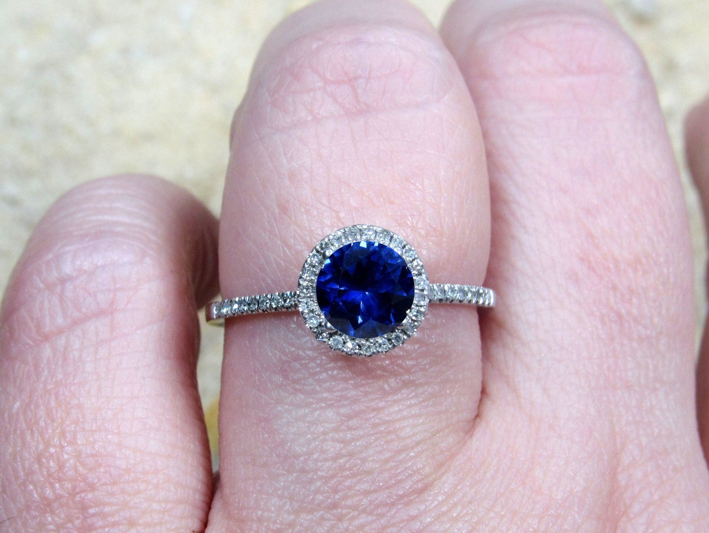 Blue Sapphire Engagement Ring, Blue Engagement Ring, Round Diamonds Halo Ring, Pricus, 1ct Ring,White Gold-Yellow Gold-Rose Gold Ring, 6mm BellaMoreDesign.com