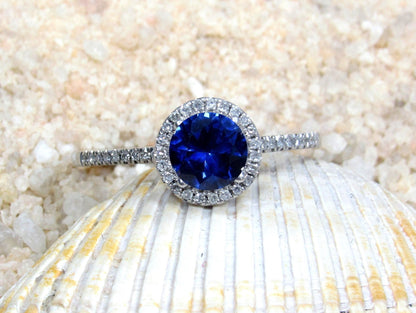 Blue Sapphire Engagement Ring, Blue Engagement Ring, Round Diamonds Halo Ring, Pricus, 1ct Ring,White Gold-Yellow Gold-Rose Gold Ring, 6mm BellaMoreDesign.com