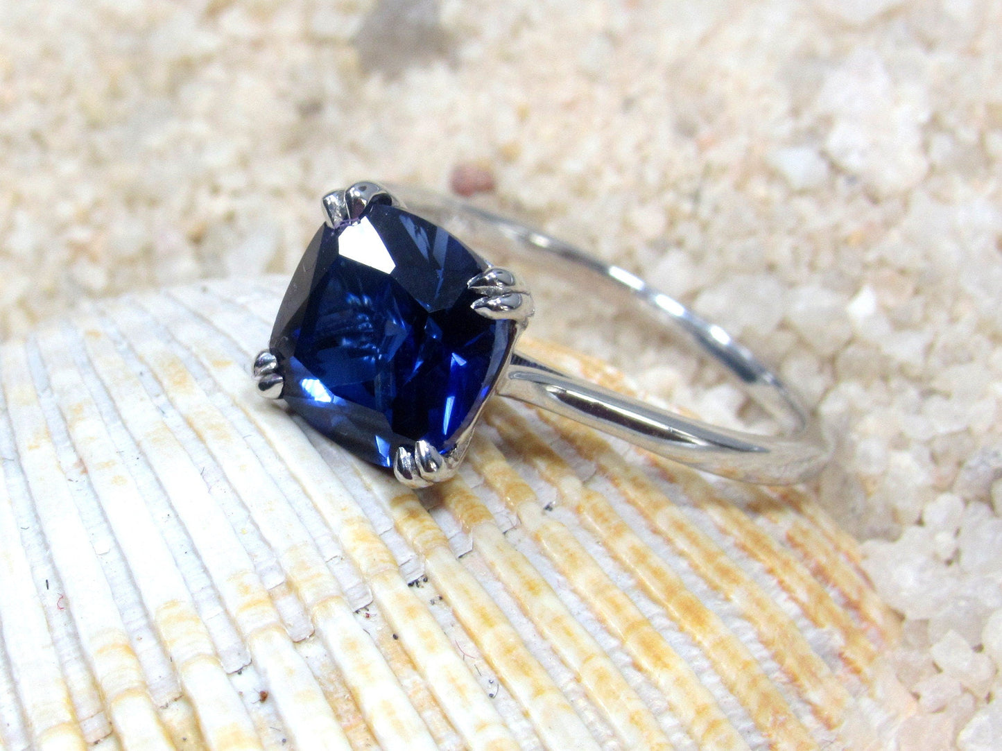 Blue Sapphire Engagement Ring,Cushion Cut Ring,Phoebe,3ct Ring,Sapphire Ring,White Sapphire Ring,White-Yellow-Rose Gold-10k-14k-18k-Plt BellaMoreDesign.com