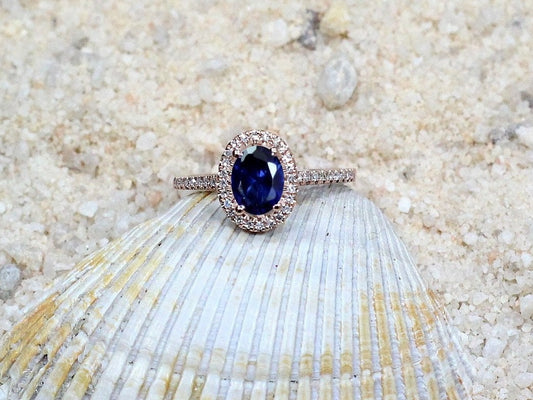 Blue Sapphire Engagement Ring, Diamonds Oval Halo, Ovale, 1ct, 7x5mm, Promise Ring, Gift For Her, Sapphire ring BellaMoreDesign.com
