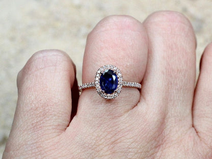 Blue Sapphire Engagement Ring, Diamonds Oval Halo, Ovale, 1ct, 7x5mm, Promise Ring, Gift For Her, Sapphire ring BellaMoreDesign.com
