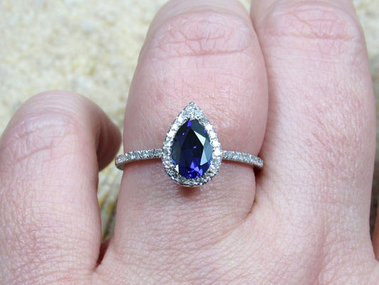 Blue Sapphire Engagement Ring & Diamonds Pear Halo Helena 1ct 7x5mm Custom Size White-Yellow-Rose Gold-10k-14k-18k-Platinum BellaMoreDesign.com