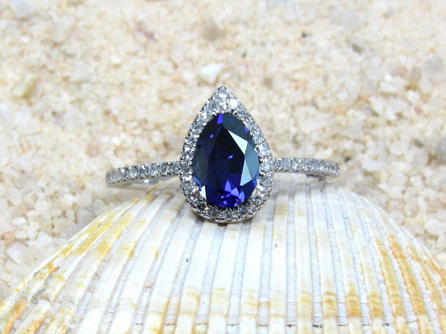 Blue Sapphire Engagement Ring & Diamonds Pear Halo Helena 1ct 7x5mm Custom Size White-Yellow-Rose Gold-10k-14k-18k-Platinum BellaMoreDesign.com