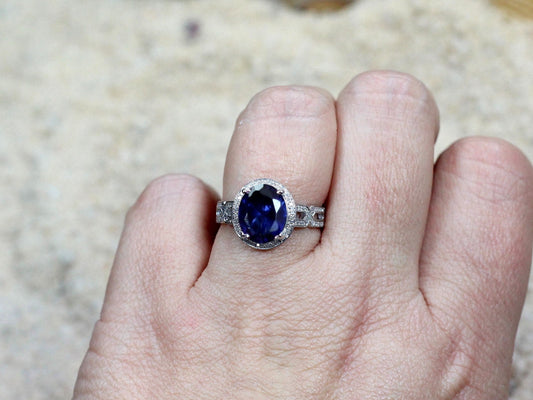 Blue Sapphire Engagement Ring,Halo Ring,Infinity Twist Band,3.5ct Ring,Blue Sapphire Ring,Sapphire Ring,Wht-Yellow-Rose Gold-10k-14k-18k-Plt BellaMoreDesign.com