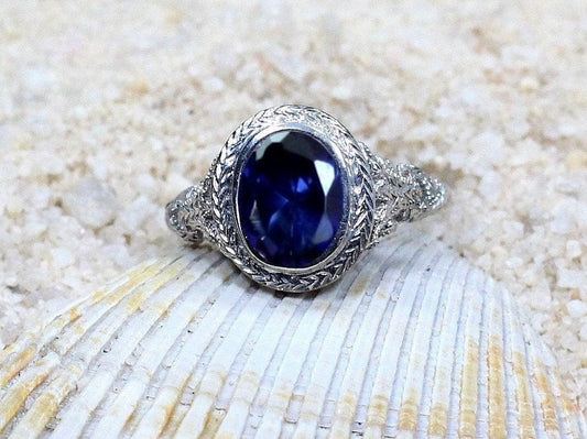 Blue Sapphire Engagement Ring,Oval Ring,Antique Ring,Chevron Ring,Filigree Ring,Vintage Ring,Kore,3ct Ring,White-Yellow-Rose Gold,Plt BellaMoreDesign.com