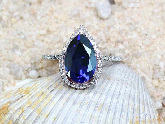 Blue Sapphire Engagement Ring, Pear Halo, drop Cut, Helena, 5ct Ring, Blue Sapphire Ring, Sapphire Ring BellaMoreDesign.com