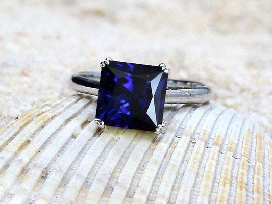 Blue Sapphire Engagement Ring, Princess cut, Solitaire, Phoebe, 4ct, 9mm, Sapphire ring, Gift For Her, Promise Ring BellaMoreDesign.com