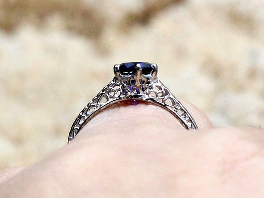 Blue Sapphire Engagement Ring,Sapphire Ring,Antique Ring,Filigree Ring,1ct Ring,White-Yellow-Rose Gold,Rhemba,Blue Sapphire Ring BellaMoreDesign.com