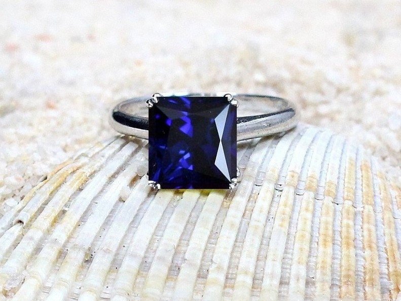 Blue Sapphire Engagement Ring,Sapphire Ring, Blue Sapphire Ring,Princess Cut Ring,Solitaire Ring,Phoebe,3.5- 4 ct Ring,White Gold Ring BellaMoreDesign.com
