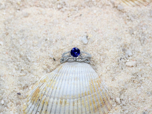 Blue Sapphire Engagement Ring Set,Aglaia,Infinity Ring,Diamond Wedding Band 1ct 6mm Blue Sapphire Ring,Sapphire Ring,Wedding Ring Set BellaMoreDesign.com