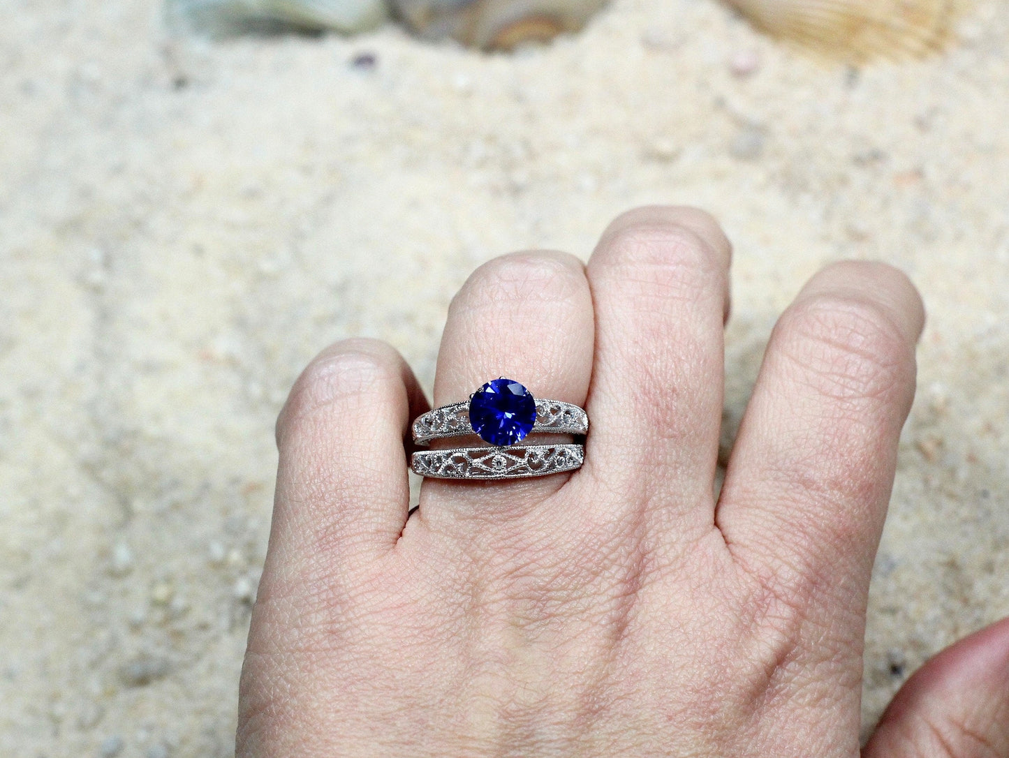 Blue Sapphire Engagement Ring Set,Antique Ring,Filigree Ring,Polymnia,2ct Ring,Wedding Band Set,White Yellow Rose Gold 10k 14k 18k Plat BellaMoreDesign.com