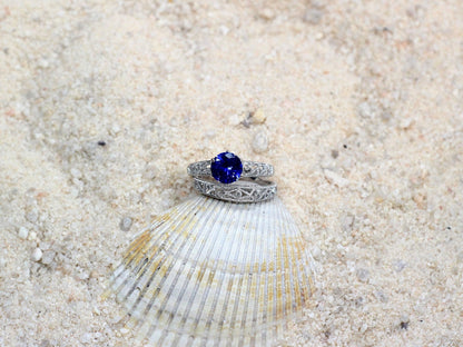Blue Sapphire Engagement Ring Set,Antique Ring,Filigree Ring,Polymnia,2ct Ring,Wedding Band Set,White Yellow Rose Gold 10k 14k 18k Plat BellaMoreDesign.com