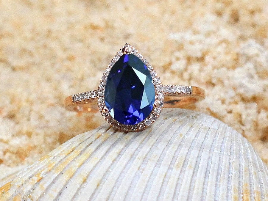 Blue Sapphire Engagement Ring Set,Diamond Pear Halo,Wedding Band Set,Goccia,2.5ct Ring,White-Yellow-Rose Gold-10k-14k-18k-Platinum BellaMoreDesign.com