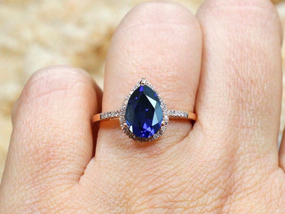 Blue Sapphire Engagement Ring Set,Diamond Pear Halo,Wedding Band Set,Goccia,2.5ct Ring,White-Yellow-Rose Gold-10k-14k-18k-Platinum BellaMoreDesign.com