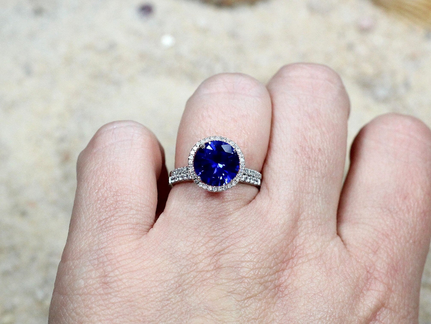 Blue Sapphire Engagement Ring Set,Wedding Band Set,Pricus,3ct 9mm Set,Blue Sapphire Ring Set,White-Yellow-Rose Gold-10k-14k-18k-Platinum BellaMoreDesign.com
