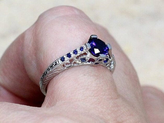 Blue Sapphire Engagement Ring,Vintage Ring,Filigree Ring,1ct Ring,Dionysus,Blue Sapphire Ring,White-Yellow-Rose Gold-10k-14k-18k-Platinum BellaMoreDesign.com