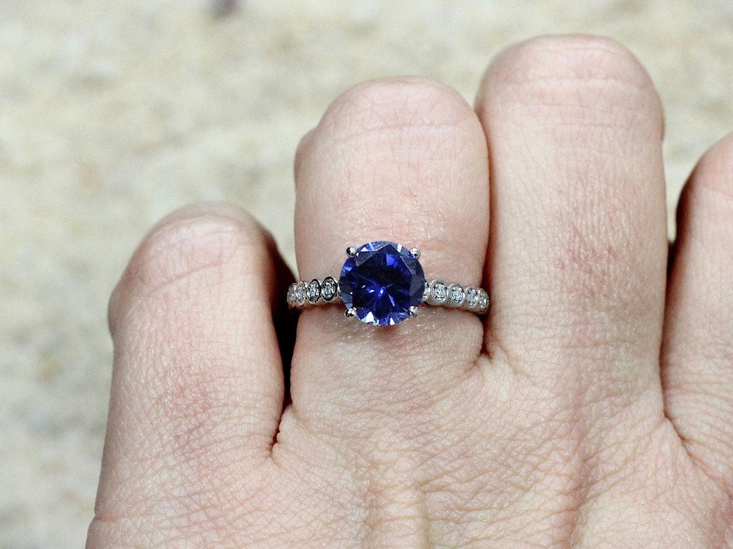 Blue Sapphire Engagement Ring,Vintage Ring,Milgrain Ring,Blue Sapphire Ring,Ferarelle,2ct Ring,White-Yellow-Rose Gold-14k-18k-Plt BellaMoreDesign.com