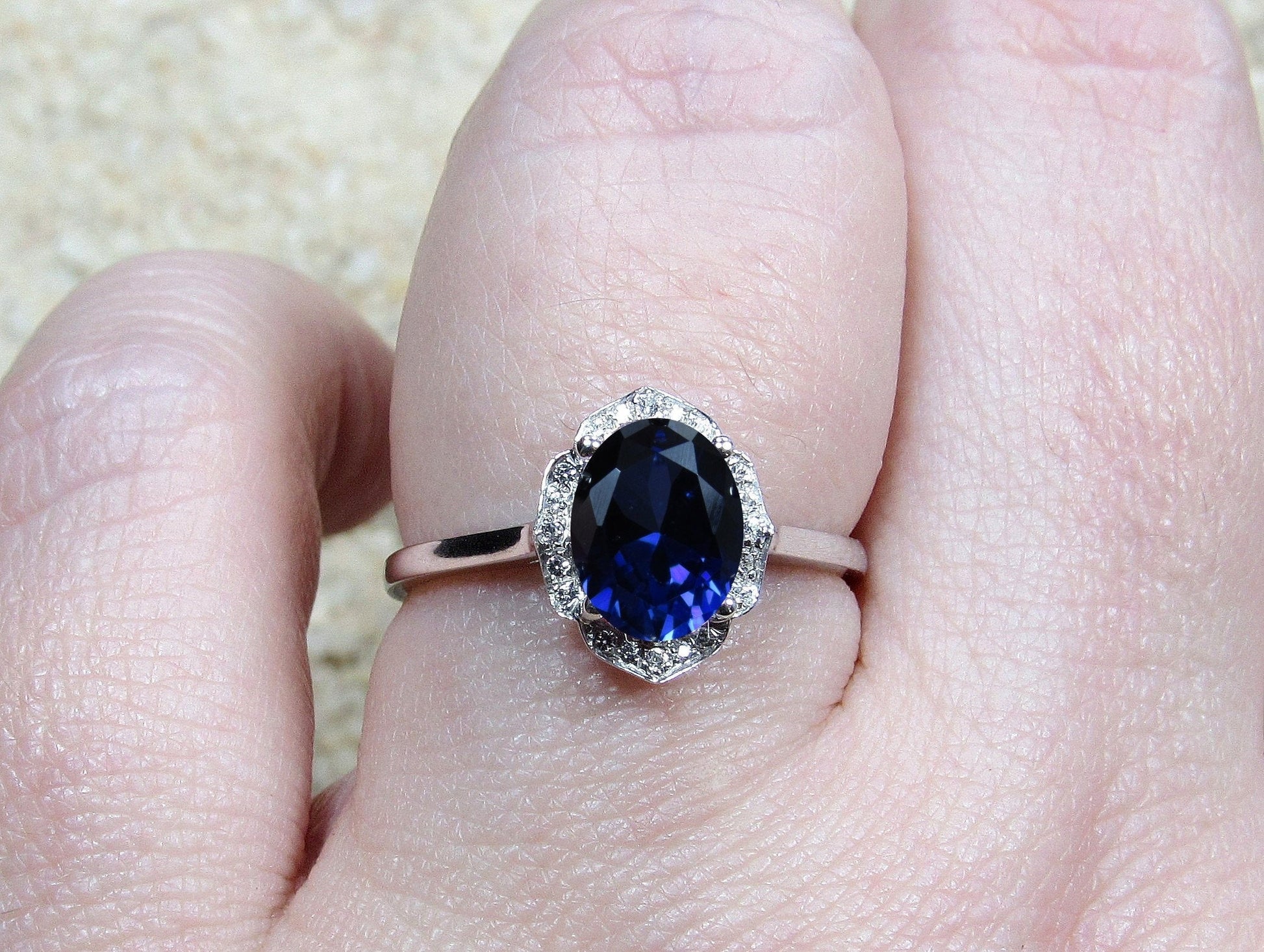Blue Sapphire Oval Engagement Ring, Floral Ring, Sospita, 2ct Ring, White-Yellow-Rose Gold-10k-14k-18k-Platinum, 8x6mm Oval BellaMoreDesign.com