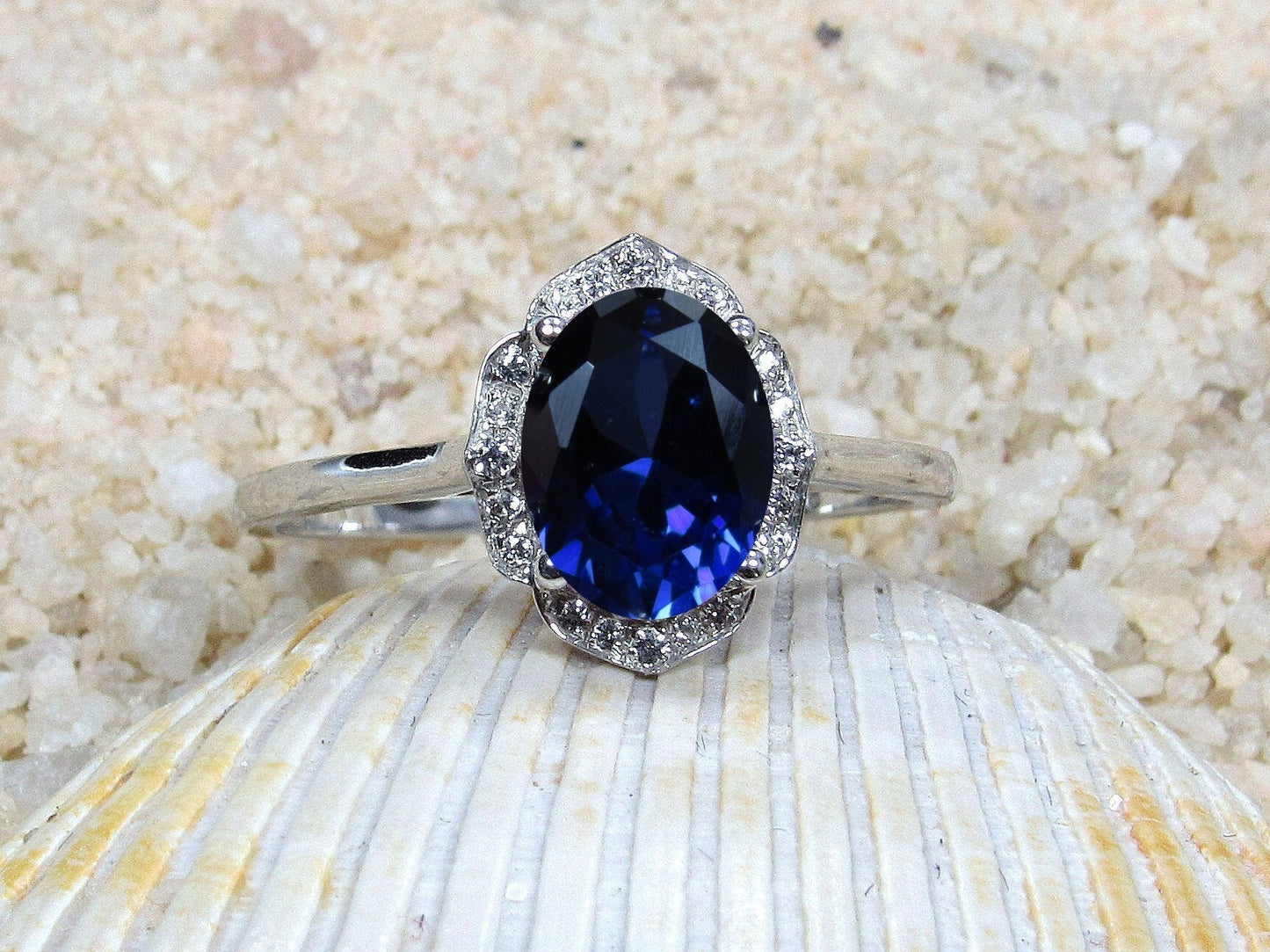 Blue Sapphire Oval Engagement Ring, Floral Ring, Sospita, 2ct Ring, White-Yellow-Rose Gold-10k-14k-18k-Platinum, 8x6mm Oval BellaMoreDesign.com